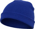 A YP013 blue knit beanie with a folded edge by Flexfit By Yupoong, showcased against a plain white background.