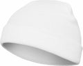 The YP013, a sleek white knitted beanie hat from Flexfit By Yupoong, features a folded brim and is showcased against a white backdrop.