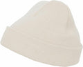The YP013 by Flexfit By Yupoong is displayed against a white background, showcasing its cream-colored knitted design with a folded brim. The beanie looks soft and warm, ideal for cold weather.