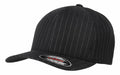 Flexfit By Yupoong's YP015 black pinstripe baseball cap with a curved brim, complete with a sticker on the visor.