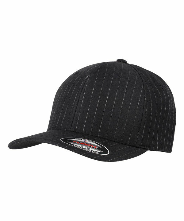 A black Flexfit By Yupoong YP015 baseball cap with subtle pinstripes and a sticker on the brim.