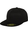 Flexfit By Yupoong YP017 flat-brimmed baseball cap with a round sticker on the brim in black.