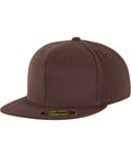 A YP017 brown flat-brimmed baseball cap with a sticker on the brim from Flexfit By Yupoong.
