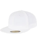 A plain white Flexfit By Yupoong baseball cap, model YP017, with a flat brim and an oval metallic sticker on the brim, set against a white background.