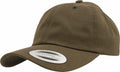 A Flexfit By Yupoong YP022, a brown baseball cap featuring a curved brim and a round sticker on the front.
