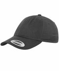 The YP022 by Flexfit By Yupoong is a plain, dark gray baseball cap featuring a curved brim and a front sticker. It also includes ventilation eyelets on top for added breathability.