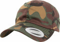 A YP022 baseball cap by Flexfit By Yupoong showcases a camouflage pattern with shades of green, brown, black, and tan. It features a curved brim adorned with a white sticker displaying the brand and "Authentic Classics Yupoong Since 1974.
