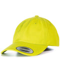 Bright yellow YP022 baseball cap from Flexfit By Yupoong, featuring a curved brim and an adjustable strap.