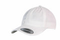 The Flexfit By Yupoong YP022 baseball cap is displayed in a side view, accentuating its curved brim and buttoned top. A black sticker with text is visible on the brim. The cap looks new and unworn against a white background.