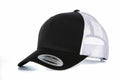 The Flexfit By Yupoong YP023, a black and white snapback baseball cap featuring a mesh back, is displayed on a white background.