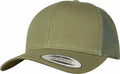 Flexfit By Yupoong's YP023 is an olive green snapback hat featuring a mesh back and a curved brim.