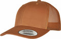 A brown YP023 snapback cap from Flexfit By Yupoong, featuring a mesh back and a curved visor. The front patch reads "Snapback Yupoong Since 1974.