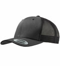 The YP023 from Flexfit By Yupoong is a black snapback cap featuring a solid front panel, mesh back, and a curved visor with a label on the brim. It is designed with a button on top and ventilation eyelets for added comfort.