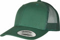 The YP023 by Flexfit By Yupoong is a green cap featuring a curved bill, solid front panel, and mesh back. The brim includes a label reading Snapback.