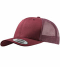The Flexfit By Yupoong YP023 is a maroon snapback cap featuring a solid front, mesh back panel, curved brim, and size-adjustment snap closure.