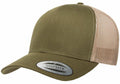 The YP023 by Flexfit By Yupoong is a green and beige snapback trucker hat featuring a solid green front panel and beige mesh back. It comes with a branded sticker on the brim.