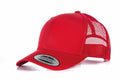A red snapback cap with a mesh back and a curved brim, featuring a sticker on the brim that reads "The Classic Snapback - Yupoong Since 1974," from the Flexfit by Yupoong collection, model YP023.