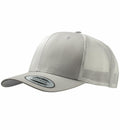 The YP023 cap by Flexfit By Yupoong features a solid gray front panel and a white mesh back. It comes with a curved bill, snapback closure, and has a sticker with branding details visible on the brim.