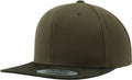 The YP025 by Flexfit By Yupoong is a plain olive green snapback cap featuring a flat brim and a front sticker.