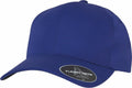 A Flexfit By Yupoong YP028 baseball cap in blue, featuring a curved brim and a sticker on the front.