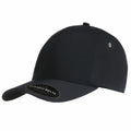 The Flexfit By Yupoong YP028 is a black baseball cap featuring a curved brim and a sticker on the front. It boasts a smooth finish and includes a small ventilation hole on the side.