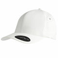 The YP028 by Flexfit By Yupoong is a plain white baseball cap featuring a curved brim. It includes a small black label on the brim with "Flexfit Delta" printed in white letters, and it has no additional designs or logos.
