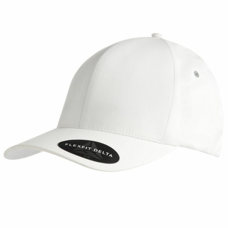 The YP028 by Flexfit By Yupoong is a plain white baseball cap featuring a curved brim. It includes a small black label on the brim with "Flexfit Delta" printed in white letters, and it has no additional designs or logos.