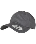 A dark gray YP034 baseball cap by Flexfit By Yupoong, featuring a curved brim and a sticker on the front.