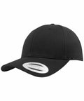 Flexfit By Yupoong's YP035 is a black baseball cap featuring a curved brim and adorned with a round sticker on the front.