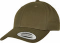 Olive green baseball cap with a curved brim, featuring an "ADJUSTABLE" sticker on the front, from the Flexfit By Yupoong collection, model YP035.