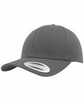 A YP035 baseball cap in plain gray, featuring a curved brim and a sticker on the front, from the Flexfit By Yupoong brand.
