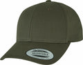 A dark green baseball cap by Flexfit By Yupoong, product name YP035, featuring a curved brim. The front displays a circular label that reads "The Authentic Yupoong Adjustable Since 1974." The material looks smooth, and the image is captured from an angle showcasing both the front and side.