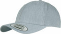 A light gray baseball cap with a curved brim from Flexfit By Yupoong, model YP035, featuring an adjustable fit indicated by a sticker on the front.