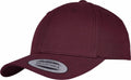 A maroon YP035 baseball cap from Flexfit By Yupoong features an adjustable fit and includes a round authenticity and adjustability sticker on the bill. The cap boasts a curved brim and a classic design.