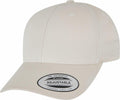 A beige baseball cap, model YP035 from Flexfit By Yupoong, includes an adjustable strap and a six-panel design with stitched eyelets. The brim features a label that reads "The Authentic Adjustable Yupoong Since 1974.