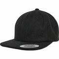 The YP037 black baseball cap by Flexfit By Yupoong features a flat brim, an adjustable snapback closure, and a round sticker on the front.