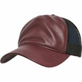 A Flexfit By Yupoong YP038 maroon leather baseball cap featuring black mesh back panels.