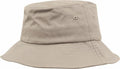 The YP039 by Flexfit By Yupoong is a beige bucket hat featuring a wide brim and two small ventilation eyelets on each side. Visible stitching along the brim and top adds to its casual and functional appearance.