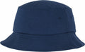 The YP039 from Flexfit By Yupoong is a navy blue bucket hat featuring a wide, downward-sloping brim. It has a smooth fabric with two small ventilation holes on each side, offering simple, clean lines and a casual design.