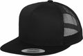 Flexfit By Yupoong's YP040 is a black snapback cap featuring a mesh design, flat brim, and adjustable strap.