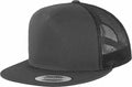 Introducing the YP040 by Flexfit By Yupoong, a stylish dark gray snapback hat featuring a black mesh back and a sleek flat brim.