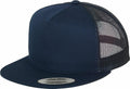 The YP040 by Flexfit By Yupoong is a navy blue snapback cap with a flat brim and black mesh back.
