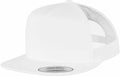A plain white snapback hat with a mesh back and a flat brim, known as the YP040 made by Flexfit By Yupoong, is displayed. The cap features a sticker on the brim showcasing branding details.