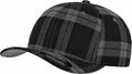 A Flexfit By Yupoong YP042 baseball cap in black and gray plaid featuring a curved brim.