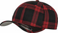 Flexfit By Yupoong's YP042 features a red and black plaid design with a curved brim, showcased at a slight angle.