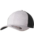 A gray and black baseball cap with a curved brim and mesh back panel from Flexfit By Yupoong, Product Name: YP043.