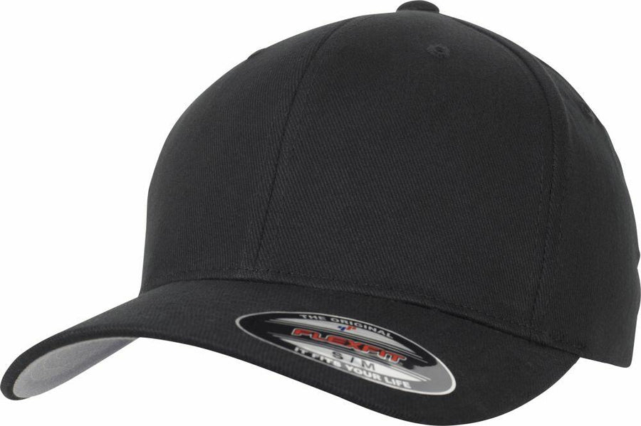A YP045 by Flexfit By Yupoong, featuring a black color, curved brim, and a sticker on the front.
