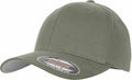 A YP045 baseball cap by Flexfit By Yupoong, featuring a curved brim and a sticker on the front in green.
