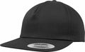 A YP047 snapback cap in plain black with a sticker on the brim, from the brand Flexfit By Yupoong.