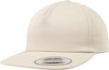 The YP047 from Flexfit By Yupoong is a beige snapback cap featuring a flat brim and a circular logo on the front panel.